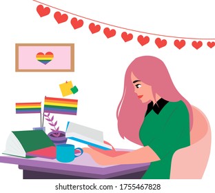 Young pretty girl sits at home in armchair and reads book at table with different LGBT symbols. Young lesbian with book, rainbow color flags and LGBT hearts at desk. LGBT concept. Vector illustration.