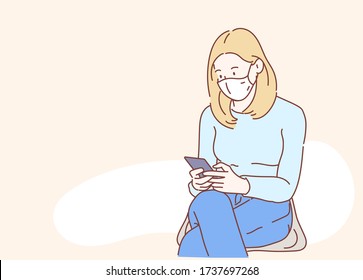 Young pretty girl sitting on a chair and chatting on mobile phone. she  wearing a mask (A Mask can be removable). Hand drawn in thin line style, vector illustrations.