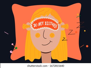 Young pretty girl sleeping with mask on her eyes and ear plugs. Cartoon character of tired woman, dreams in blindfold. Text lettering Do not disturb. Woman rest and health concept. Spa beauty salon