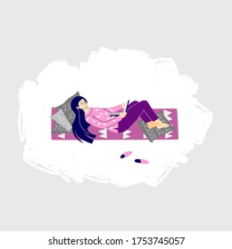 A young pretty girl, student reading, writing, studying at the laptop. Student lying on a violet mat with pillows. Studying, working at home vector concept. Grey abstract background