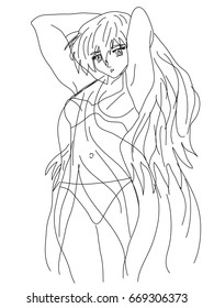A young, pretty girl in a swimsuit and a pareo, painted with a contour in an anime style, with long flowing hair, posing. Sketch, coloring