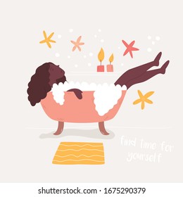 Young pretty girl taking bath and enjoying time alone. Vector illustration in a flat style