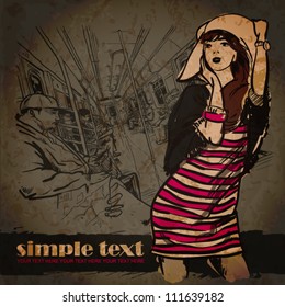 Young pretty girl in a train. Vector illustration in vintage style.