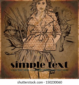 Young pretty girl in a train. Vector illustration in vintage style.