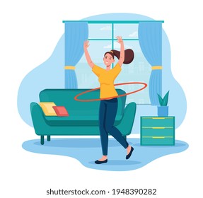 Young pretty girl is twisting hula loop at home in living room. Online sport activity. Distance fitness. Flat cartoon vector illustration concept design. Simple art isolated on white background