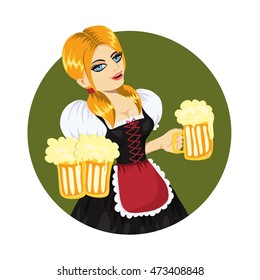 Young pretty girl wearing bavarian costume holds mugs of beer. Vector art, cartoon style, isolated. Octoberfest illustration. Could be used for banner, advertising or poster of pub, bar or restaurant.