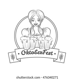 Young pretty girl wearing bavarian costume holds mugs of beer. Monochrome vector art, cartoon style, isolated on white. Octoberfest illustration. Could be used for banner, advertising or poster.