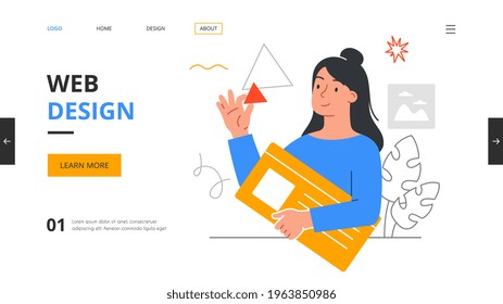 A young pretty girl web designer is developing a new project. Flat cartoon vector illustration. Website, landing page template.