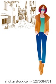 Young pretty girl who travels the streets of the old European city. France. Old town street in hand drawn sketch style. Vector illustration on white background.