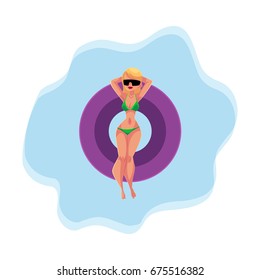 Young pretty girl, woman in bikini and sunglasses floating on inflatable ring on the water surface, top view cartoon vector illustration. Happy woman, girl swimming on inflatable ring