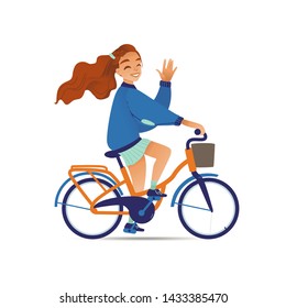 Young pretty girl or woman rides on a bicycle or bike flat cartoon vector illustration isolated on white background. Happy summer cyclist in concept of relaxation and leisure.