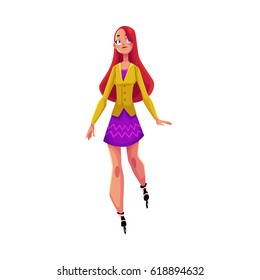 Young pretty girl, woman riding roller blades, personal urban transport concept, people on wheels, cartoon vector illustration isolated on white background. Girl riding roller skates, blades