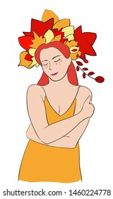 Young pretty girl with wreath of red and yellow leaves holds herself. Hello autumn vector illustration for template.