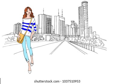 Young pretty girl with yellow bag. Modern city landscape in hand drawn line sketch style. Colorful vector illustration on black and white background