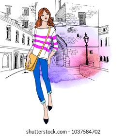 Young pretty girl with yellow bag. Old city street in hand drawn line sketch style. Colorful vector illustration on background watercolor