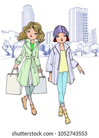 Young pretty girls dressed in a coat on modern urban background in hand drawn line sketch style. Colorful vector illustration on white