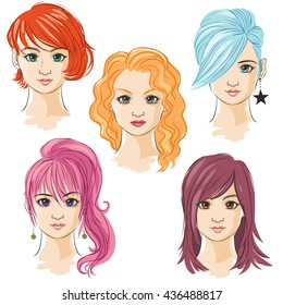 Young pretty girls hand drawn in anime style. Vector illustration