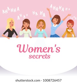 Young pretty girls loudly laughing. Women s secrets concept. Cartoon female characters with smiling facial expressions. Emotional people. Flat vector design