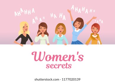 Young pretty girls loudly laughing. Women s secrets concept. Cartoon female characters with smiling facial expressions. Emotional people. Flat vector design