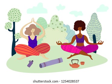 Young pretty girls are meditating in the lotus position and doing yoga in the park, outdoors, European and African American doing sports. Vector illustration