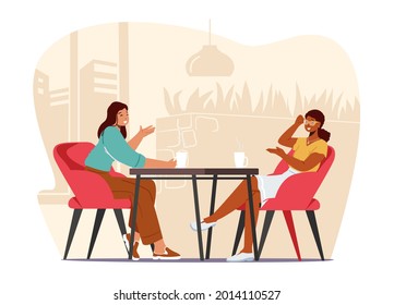 Young Pretty Girls Sitting in Cafe Chatting, Telling Gossip and News to Each Other, Girlfriends Meeting and Relaxed Spare Time. Students or Office Workers Coffee Break. Cartoon Vector Illustration