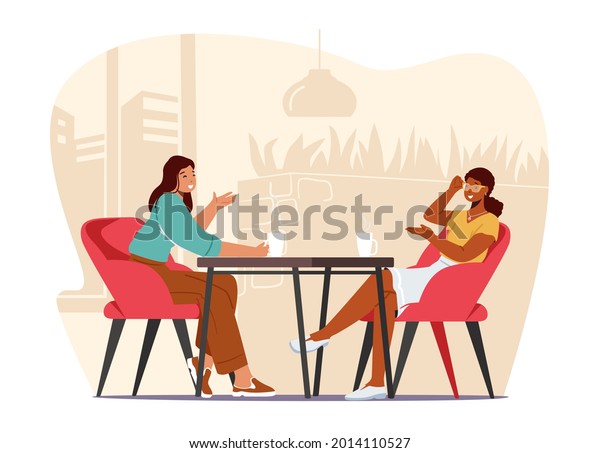 Young Pretty Girls Sitting in Cafe Chatting,\
Telling Gossip and News to Each Other, Girlfriends Meeting and\
Relaxed Spare Time. Students or Office Workers Coffee Break.\
Cartoon Vector\
Illustration