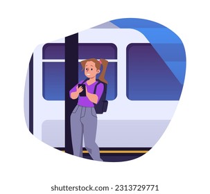 Young pretty happy woman with backpack looking at the phone and smiling, standing in the subway train, metro station, bus. Vector Illustration isolated on white background in flat design style