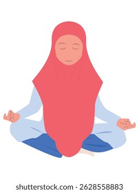 Young pretty healthy mindful muslimah hijab woman sitting on floor at home doing yoga meditation relaxing exercise for mental balance isolated background