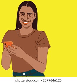 A young, pretty lady holding a cell phone with a warm smile, exuding charm and confidence in a casual, modern setting.