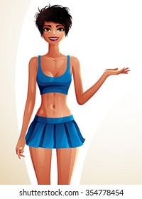 Young pretty lady showing something to side with her hand with modern female haircut. Vector illustration of woman standing wearing tennis skirt and a top, full-length portrait.