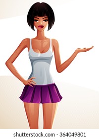 Young pretty lady showing something to side with her hand with modern female haircut. Vector illustration of woman wearing tennis skirt and top, full body portrait.