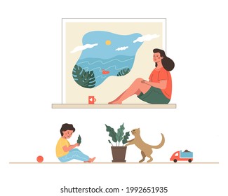 A young pretty mother dreams of a vacation at the sea. Concept of maternal burnout, mental health.