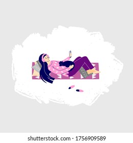 A young pretty pacified woman lying on a violet mat in the headphones and listening to music on the phone with a curious cat. Vector cute flat illustration isolated on grey abstract background