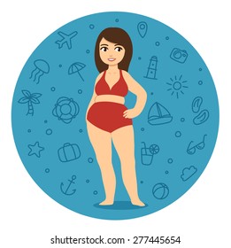 Young and pretty plus size cartoon woman in red bikini inside a circle surrounded by beach vacation pattern.
