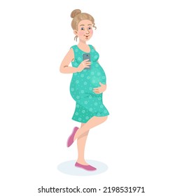 Young pretty pregnant woman with a smartphone in her hand takes a selfie. In cartoon style. Isolated on white background. Vector flat illustration.