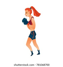 Young pretty red haired boxer woman, girl in boxing gloves, flat vector illustration isolated on white background.