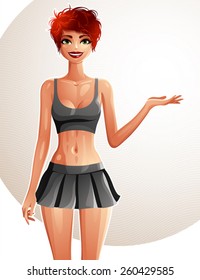 Joven dama de pelo rojo que muestra algo a su lado, una mujer con un corte de pelo moderno. Ilustración vectorial de una mujer de pie con falda de tenis y un retrato de cuerpo completo.