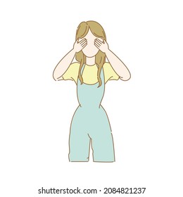 Young pretty sad woman shows covering eyes with two hand concept. Trendy female shows scary, fear, don't want to see gesture concept. Isolated cartoon vector illustration on white background