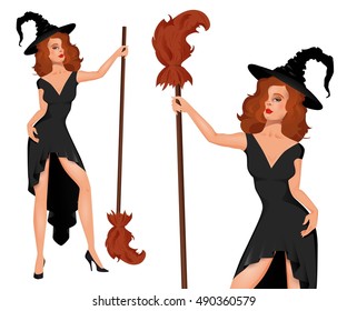 Young, pretty, sexy witch in a hat with a broom. Halloween. People in carnival costumes. Vector.