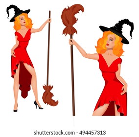 Young, pretty, sexy witch in a hat with a broom. Halloween. People in carnival costumes. Vector.