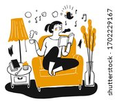 The young pretty sitting and reading on the sofa, Handheld coffee cup. The element hand drawn, Vector Illustration doodle style.