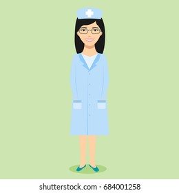 Young pretty smiling nurse in uniform with glasses flat style icon. Vector illustration.