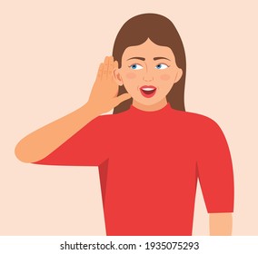 Young pretty smiling woman Listening With Her Hand On An Ear Isolated Over White Background Facial expression with gesture. Woman listen by ear with making a gesture with hand, Vector illustration