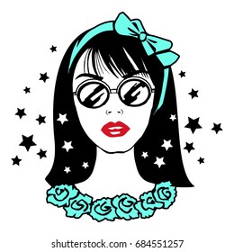 Young pretty teenager girl in sunglasses with green bow on head. Portrait of fashion young brunette. Stylish hipster teen. Vector illustration