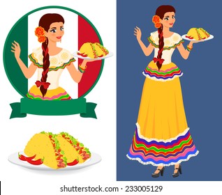 Young pretty waitress serves plates with classical mexican food - taco. Girl wears ethnic national dress. She is good hostess and has beautiful smile. Isolated color vector objects.