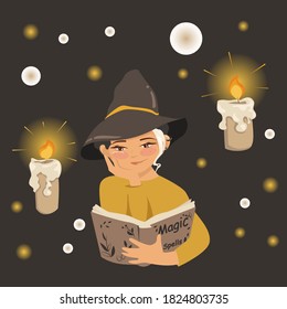A young pretty witch is reading book on magic spells. Cosy evening is lightened by flying candles. Dark background. Vector illustration.