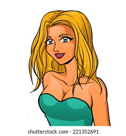 Young Pretty Woman With Blonde Hair And Sexy Red Lips. She Dresses In Beautiful Blue Evening  Low-necked Dress. Vector Cartoon Image.