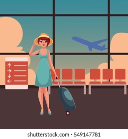 Young pretty woman in blue dress with suitcase in airport terminal interior with a view of airplane. Full length portrait of beautiful girl, woman traveler with luggage, suitcase