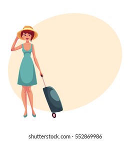 Young pretty woman in blue dress with suitcase, cartoon illustration on background with place for text. Full length portrait of beautiful girl, woman traveler with luggage, suitcase