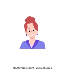 Young pretty woman with brown hair cartoon avatar. Attractive good housewife. Beautiful smiling mother, daughter, sister, friend female vector portrait isolated illustration